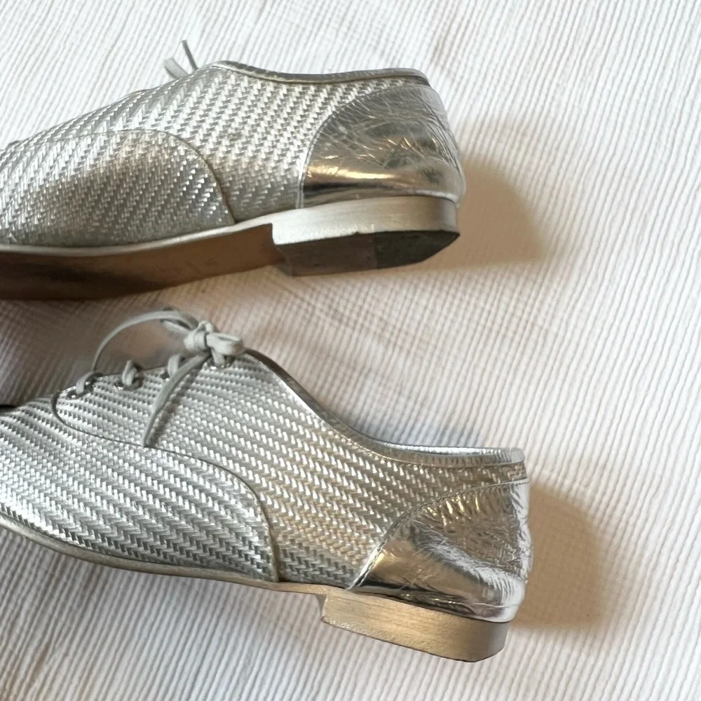 Pre owned Chanel Oxford Loafers Metallic Silver w/Black Toe Size 38 1/2 - Picture 12 of 12